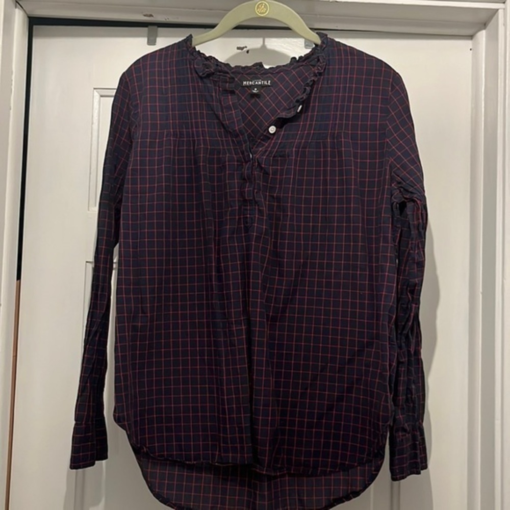 J crew mercantile womens window pain plaid ruffle blouse Size 0 blue and red